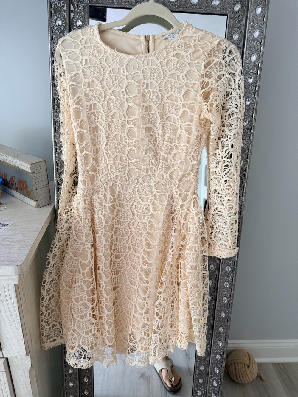 Du Jour Pale Peach Crochet Lace Long-Sleeve Fit & Flare Dress
